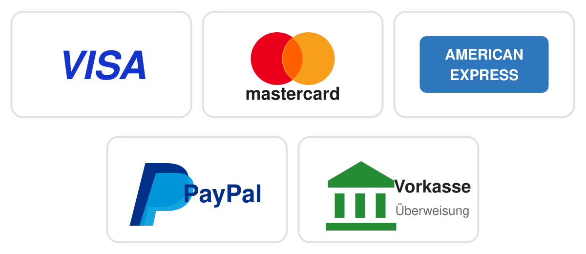 Zahlung mit Visa, Mastercard, American Express, PayPal und Vorkasse